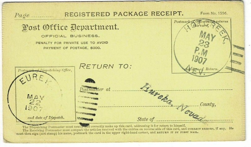 1907 Hotcreek, NV (DPO) cancel on registered package receipt card