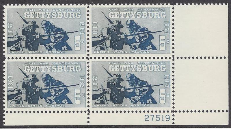 1180 Plate block 5cent Civil War Gettysburg Union CSA rebels