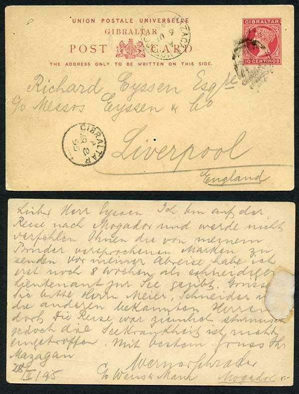 MOROCCO AGS 1895 Gibraltar 10c postcard From MAZAGAN to Liverpool