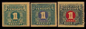 US REVENUE STATE OF OHIO VINTAGE VENDOR'S TAX RECEIPT 3 DIFF SCARCE 1c STAMPS