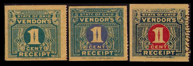 US REVENUE STATE OF OHIO VINTAGE VENDOR'S TAX RECEIPT 3 DIFF SCARCE 1c STAMPS