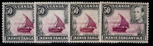 KENYA UGANDA TANGANYIKA GVI SG144 + 144b + 144c + 144d, 50c VARIETIES, M MINT.