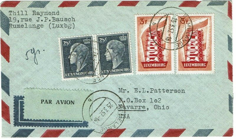 Luxembourg 1957 Rumelange cancels on airmail cover to U.S., 3fr Europa issue