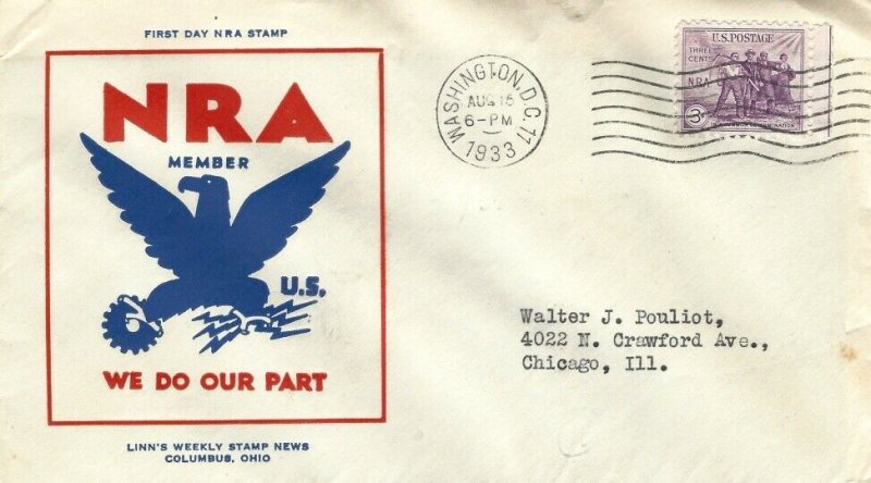 732 3c N.R.A. - 1st Linn's Weekly Stamp News cachet