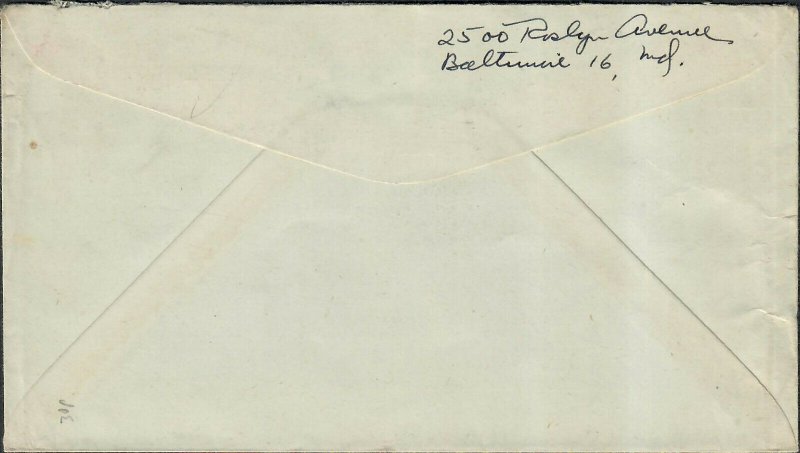 1951 Prexie Cover 15c Baltimore MD Airmail