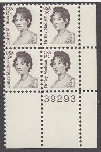 1822 Plate block 15cent Dolley Madison First Lady 1809 17