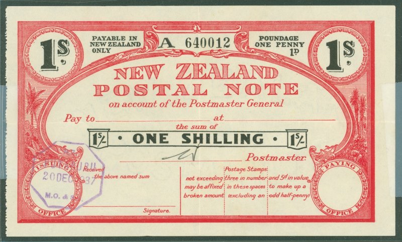 New Zealand  1937 1/- postal note, cancel Tutaruru 20 Dec 1937, scarce, faint crease