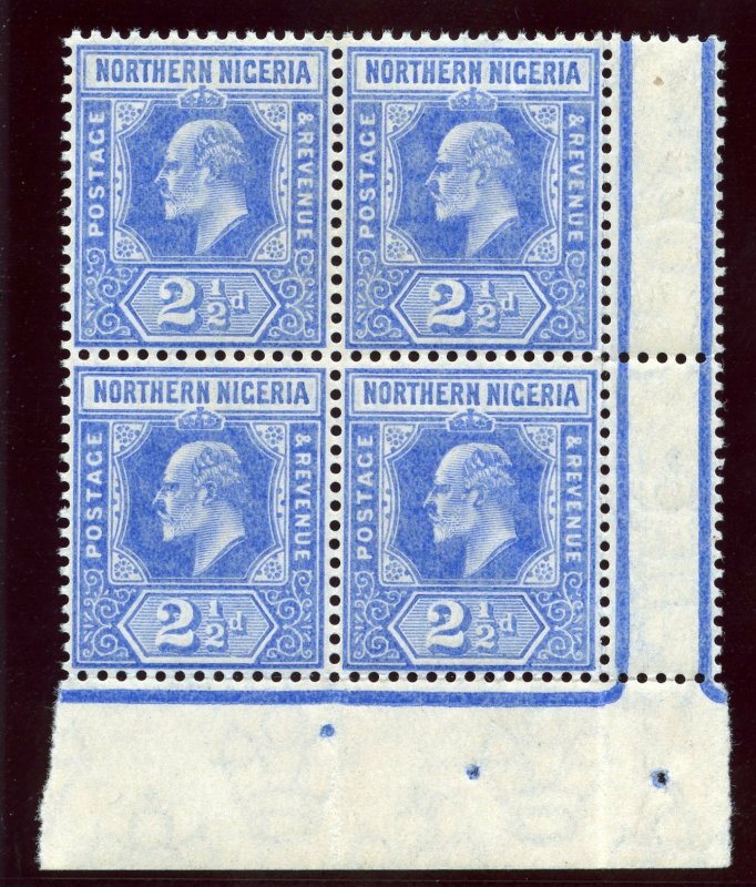 Northern Nigeria 1910 KEVII 2½d blue block of four superb MNH. SG 31. Sc 31.