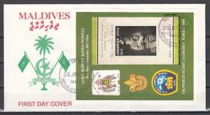 Maldives, Scott cat. 1597. Scout Jamboree, IMPERF s/sheet. First day cover.