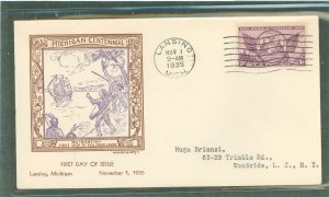 US 775 1935 3c Michigan Centennial (single) on an addressed first day cover with a Grandy cachet.