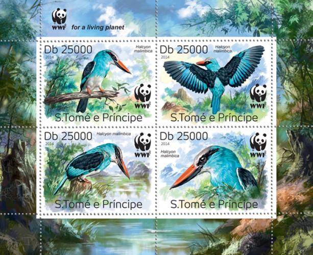 ST. TOME PRINCIPE 2014 SHEET WWF WILDLIFE KINGFISHERS BIRDS st14320a