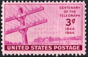 SC#924 3¢ Telegraph Centennial Single (1944) MNH