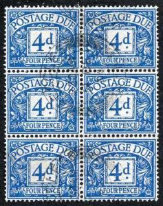 SGD38 KGVI Post Due 4d Blue Block of 6 Fine used  cat 132 pounds