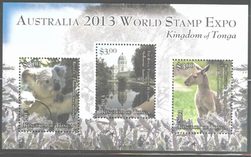 TONGA  Scott 1201 Koala Kangaroo mini sheet 2013 World stamp expo CV$10