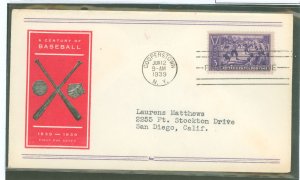 US 855 1939 3c Baseball Centennial (single) on an addressed (typed) FDC with a fidelity cachet.