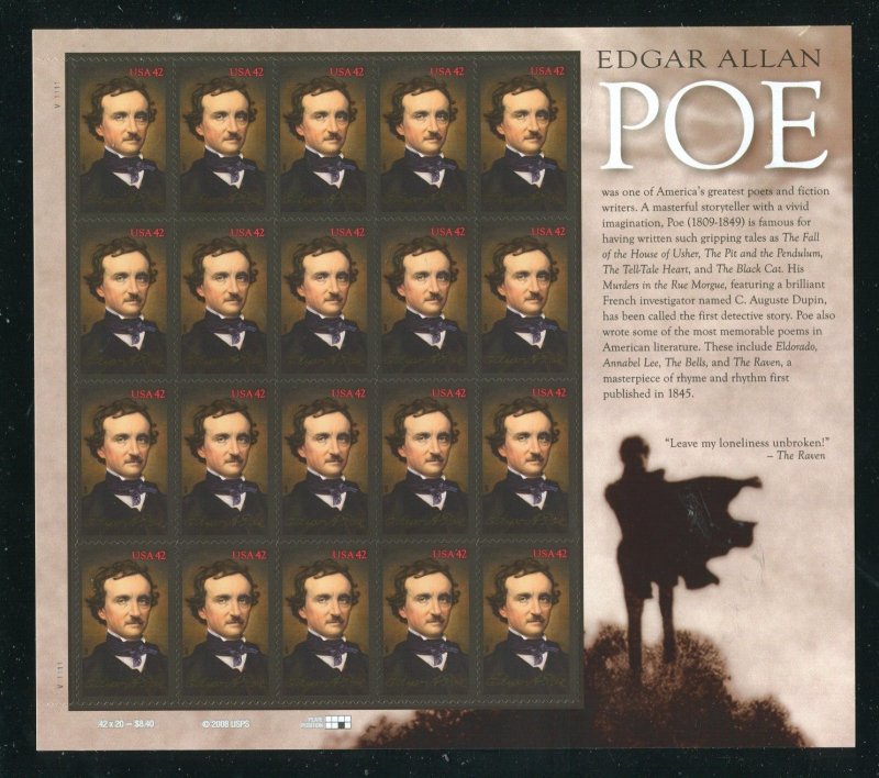 4377 Edgar Allan Poe Sheet of 20 44¢ Stamps MNH