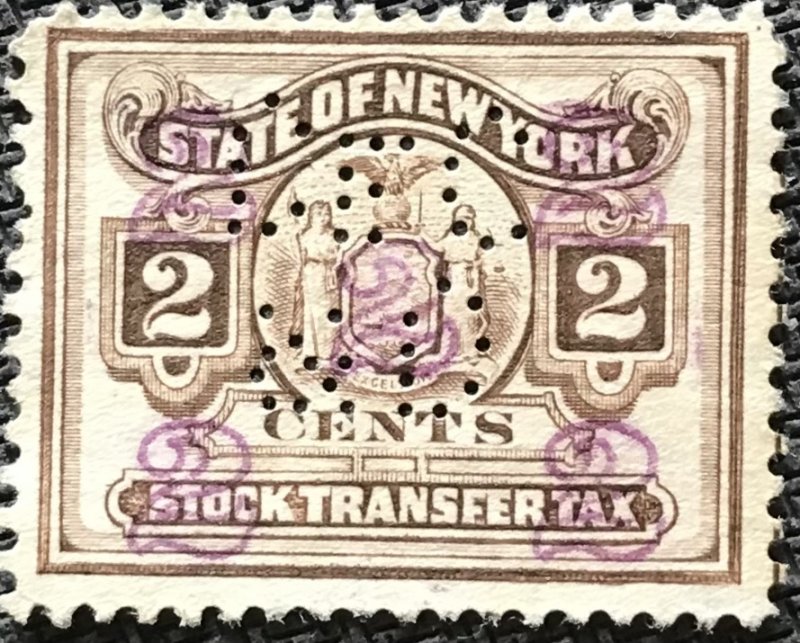 us-used-new-york-state-2-cent-stock-transfer-perfin-single-l22-united