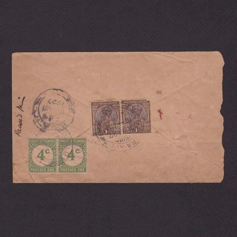 INDIA 1927, Cover with add Malaysian Postage due stamp & seal