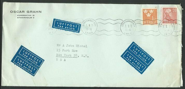 SWEDEN 1953 commercial airmail cover to USA................................60679