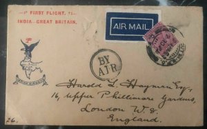 1929 Calcutta India First Flight Airmail cover FFC to London England Via Karachi