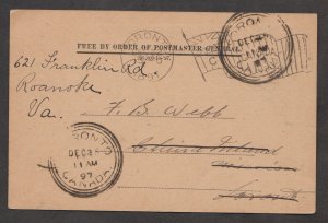 1897 Toronto C flag cancel. Free frank postcard, from the Customs Postal Package