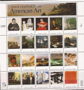 US Stamp - 1998 Four Centuries of American Art - 20 Stamp Sheet #3236