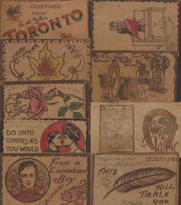 1906-07 Lot of 9 Postally Used Leather PCs Towns Humor Patriotics Etc
