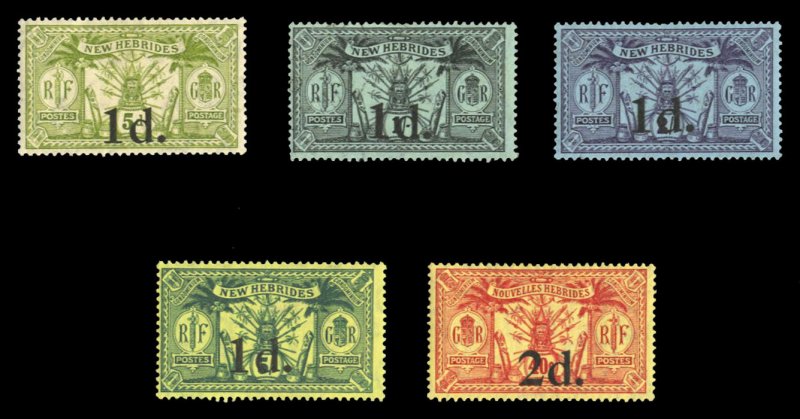 New Hebrides #26-30 Cat$18.75, 1920-21 Surcharges, set of five, hinged