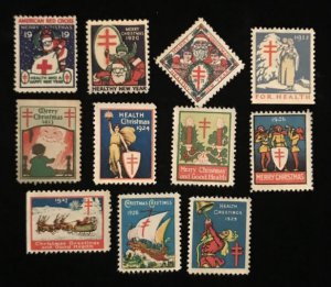 1919 to 1929 Christmas Seals,  1 each year, set of 11