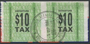 AUSTRALIA: $10 DEPARTURE TAX STAMP x 2 USED + TIED TO PIECE