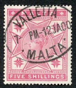 Malta SG30 5/- Wmk Crown CC Fine used Cat 95 pounds