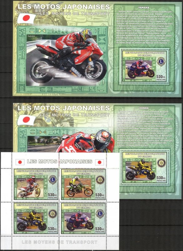 Congo 2006 Motorcycles of Japan Rotary Lions Club sheet + 2 S/S MNH