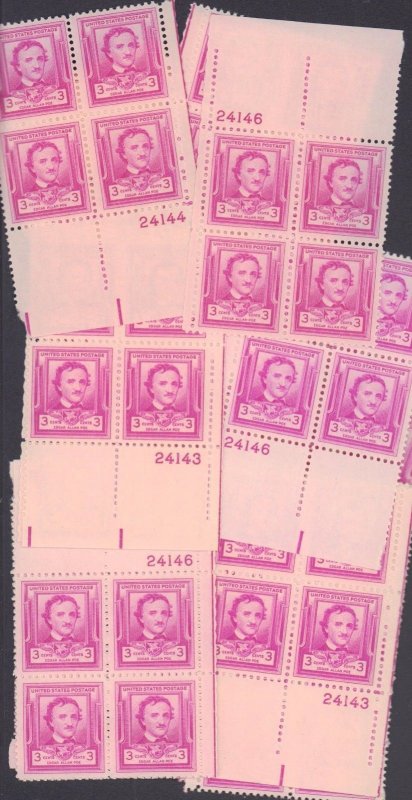 986    Edgar Allan Poe-Writer.   25  MNH  3¢  Plate Blocks    Issued in 1949.