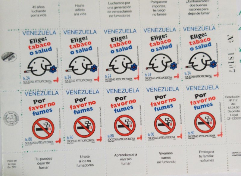 O) 1993 VENEZUELA.  WORLD DAY TO STOP SMOKING - TOBACCO, SHOWN NO SMOKING. SCT 1