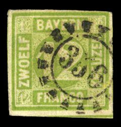 German States, Bavaria #13 (Mi. 12) Cat€100, 1862 12kr yellow green, neat c...