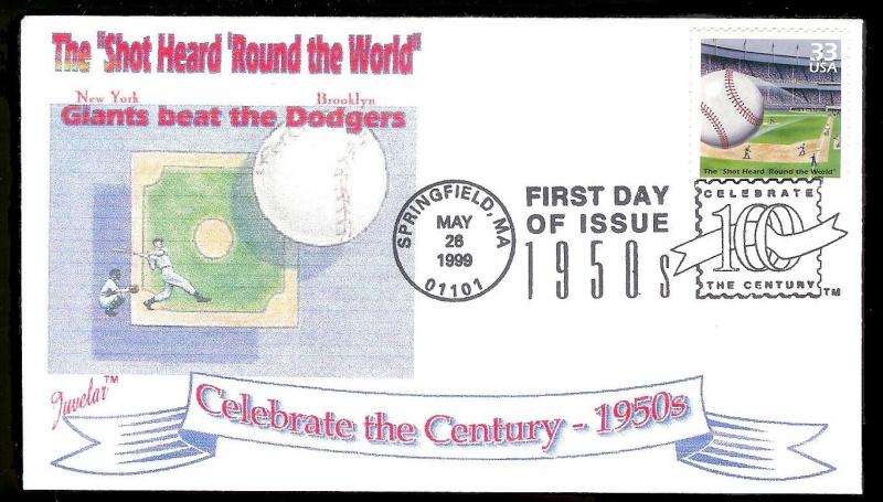 UNITED STATES FDC 33¢ Shot Heard Round the World Baseball 1999 Juvelar