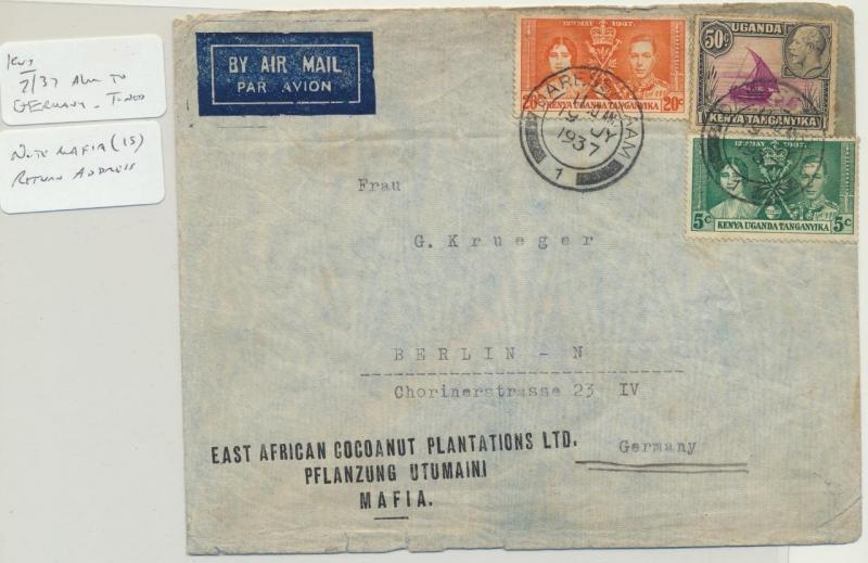 KUT (MAFIA) TO GERMANY 1937 AIR COVER,DAR CDS, GV & GV1 75c RATE (SEE BELOW)