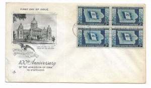 US 942 (Me-30) 3c Iowa Statehood blk 4 on FDC Artcraft Cachet ECV $12.50