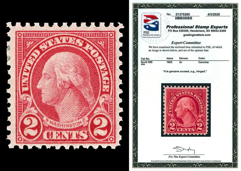 Scott 595 1923 2c Washington Coil Waste Issue Mint Fine+ H Cat $240 w/ PSE CERT!