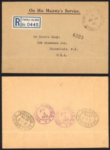 Turks and Caicos 1935 OHMS Paid Handstamp Registered cover