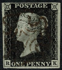 GB 1d black RK Plate 4. Four nmargins. Brownish Maltese cross cancellation.