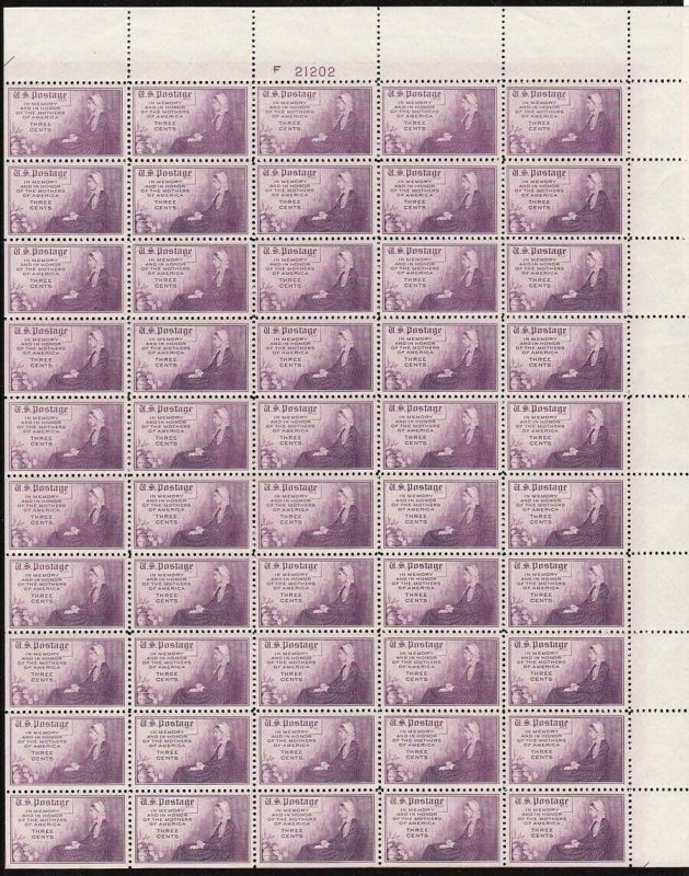 American Mothers Sheet of Fifty 3 Cent Postage Stamps Scott 737