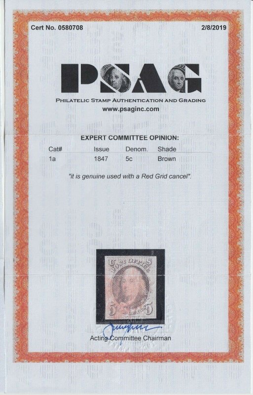 U.S. 1a 1847 Used FVF+ 2019 PSAG Cert. (51022)