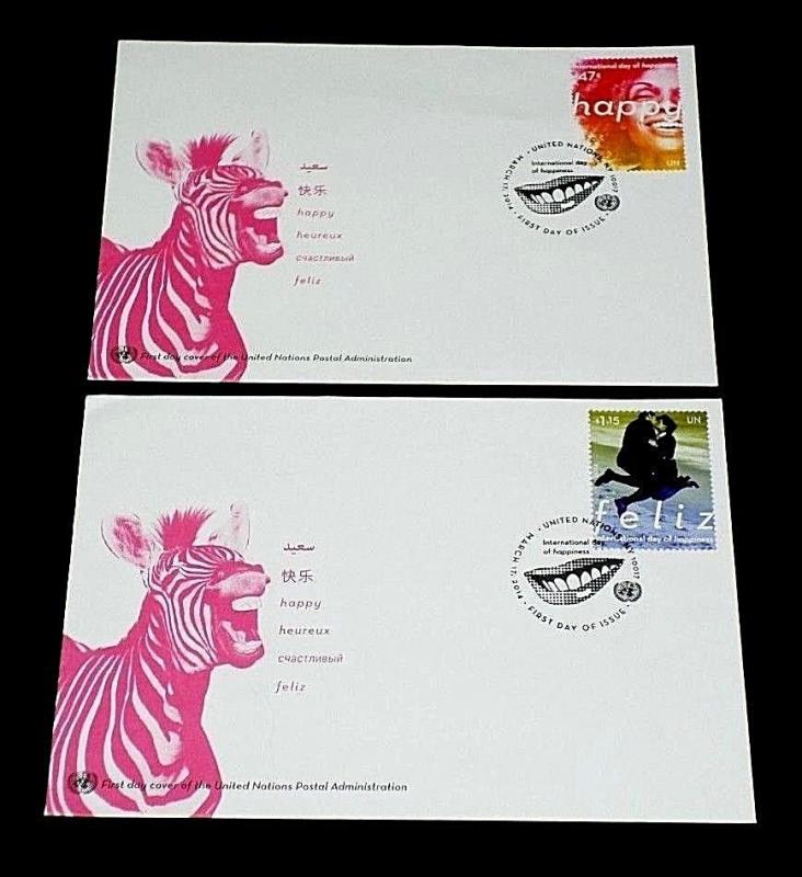 U.N. 2014, NEW YORK#1081-1082, INTL. DAY OF HAPPINESS, SINGLES ON FDCs,NICE LQQK