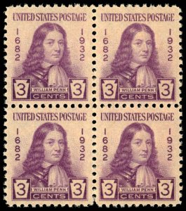 US Sc 724 XF/MNH BLOCK of 4 - 1932 3¢ - William Penn at Age 22 - Great Centering