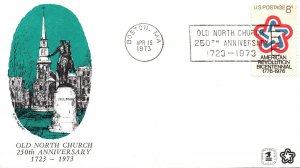 OLD NORTH CHURCH 250th ANNIVERSARY CACHET BY GOFF CANCELLED BOSTON MASS 1973