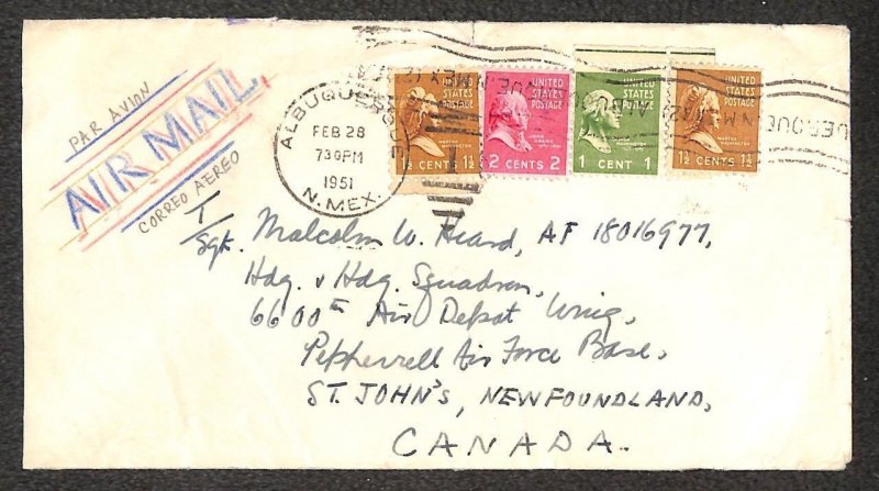 USA 804 805 (x2) & 806 PREXY STAMPS ALBUQUERQUE NEW MEXICO TO CANADA COVER 1951