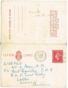 GREAT BRITAIN 1956 - LETTER CARD, PREPAID, DERBY CANCELLATION, CHESHIRE ADDRESS