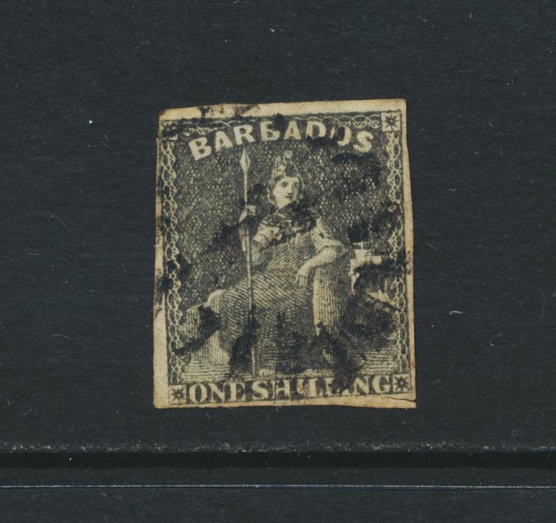 BARBADOS 1858, 1sh BLACK, USED SG12a CAT£75 $98 (SEE BELOW)