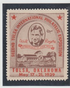 UA Tulsa Oklahoma Second International Philatelic Exposition Will Rogers 1939 MH